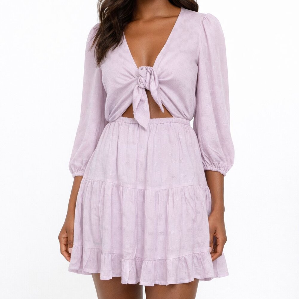 Lush Lilac Tie Front Cutout Mini Dress M Textured Balloon Sleeve Tiered Lavender - Picture 1 of 12
